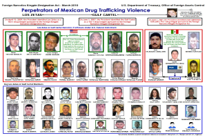 Ein Plakat mit einem hellblauen Hintergrund, das Bilder von verschiedenen Personen zeigt, die alle direkt in die Kamera blicken und eine fette schwarze Schrift in der Mitte haben, die "Verbrecher der mexikanischen Drogenkriminalität" lautet.