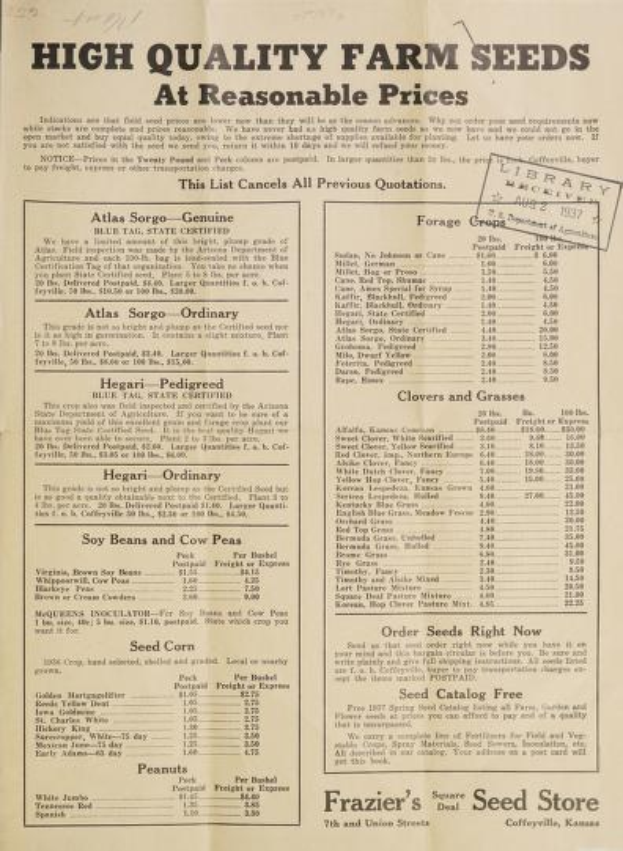 Schwarze-weiße Anzeige mit hochwertigen Farm-Saatgut-Listen und Preisen von Frazier's Seed Store in Coffeyville, Kansas, datiert 1927.