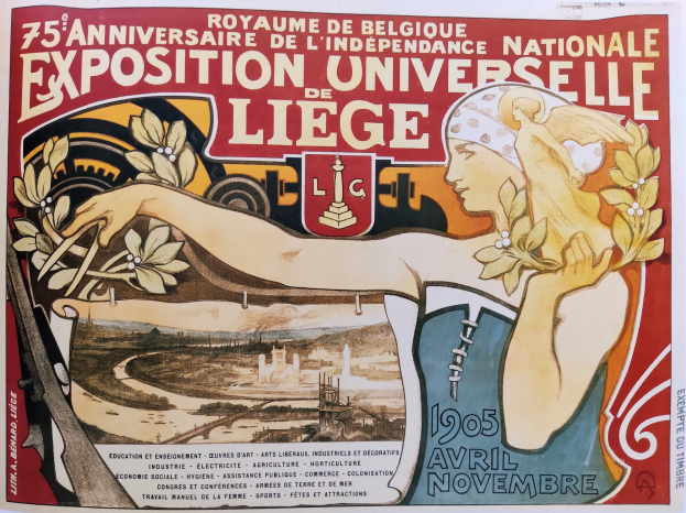 Plakat zum 75-jährigen Jubiläum der Nationalen Ausstellung Universitaire de Liège mit einer Frau, die einen Blumenstrauß hält und Text, der das Ereignis beschreibt.