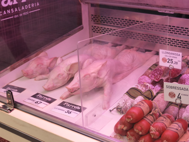 Vitrine gefüllt mit verschiedenen Fleischsorten, einschließlich Schweinefleisch und Wurst, jeweils mit Preisschildern auf dem Glas.