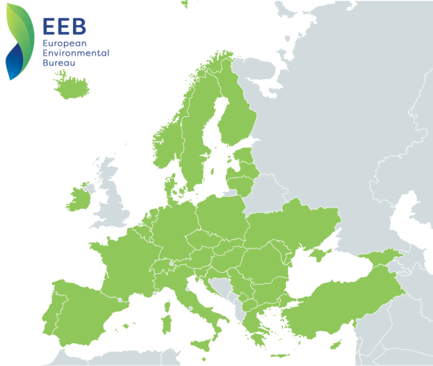 Karte von Europa mit dem Logo des Europäischen Umweltbüros in der linken oberen Ecke, in verschiedenen Grüntönen schattiert, um die EU-Regionen anzuzeigen.