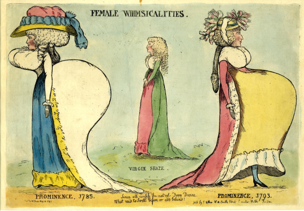 Plakat mit dem Titel 'Weibliche Albernheiten', das drei Frauen in Kleidern und Hüten im Vintage-Stil zeigt, die in einer Reihe mit gedämpften blauen, grünen und gelben Tönen angeordnet sind.