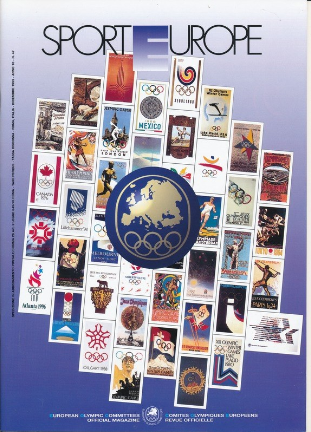 Ein Buchumschlag mit dem Titel 'Sport in Europa' in leuchtenden Farben und detaillierten Designs, der verschiedene Olympische Symbole und Designs zeigt, die mit den Olympischen Spielen in Europa in Verbindung stehen.