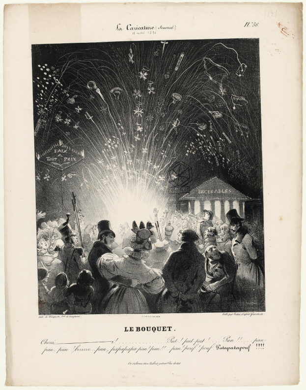 Schwarze und weiße Zeichnung einer Menge, die sich um ein Gebäude versammelt hat, mit Feuerwerk am Himmel darüber und Text unten.