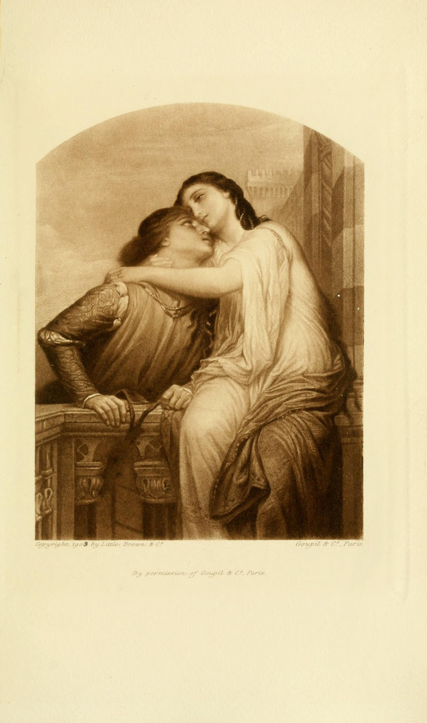 Zwei Menschen, die sich auf einer Bank umarmen und küssen, mit Text unten.