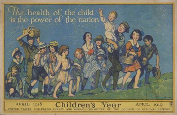 Ein Plakat mit Kindern, die mit Körben stehen, mit der Aufschrift "Die Gesundheit des Kindes ist die Kraft der Nation", betont die Kinder- und nationale Gesundheit.