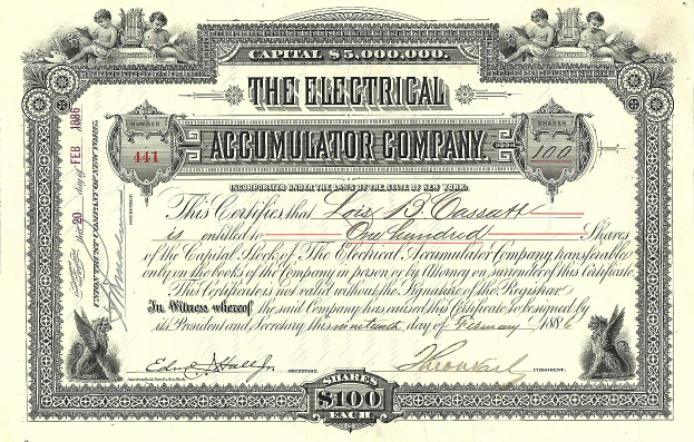 Ein Aktienzertifikat einer elektrischen Akkumulatorenfirma mit detaillierten Designs und der Beschriftung "The Electrical Accumulator Company".