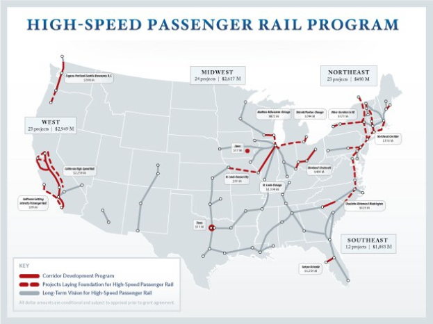 Ein Plakat, das eine detaillierte Karte des U.S.-amerikanischen Hochgeschwindigkeits-Personenverkehrsprogramms zeigt, einschließlich Routen und wichtiger Standorte, mit begleitendem Text, der das Vorhaben erklärt.