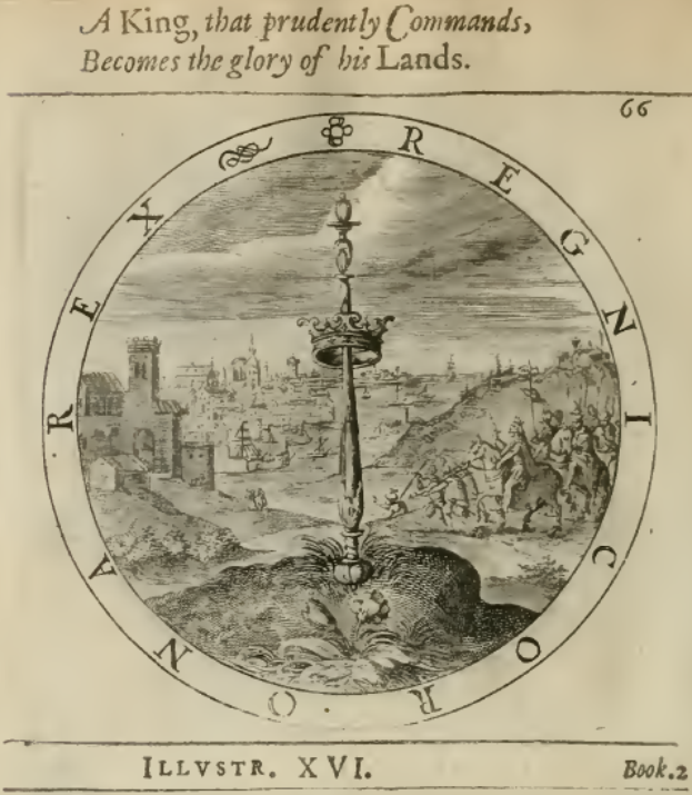 Ein altes Buch mit einer Zeichnung eines Schwerts, umgeben von Menschen, Gebäuden und einem Himmel, mit der Inschrift "Ein König, der klug befiehlt, wird zur Ehre seiner Lande."