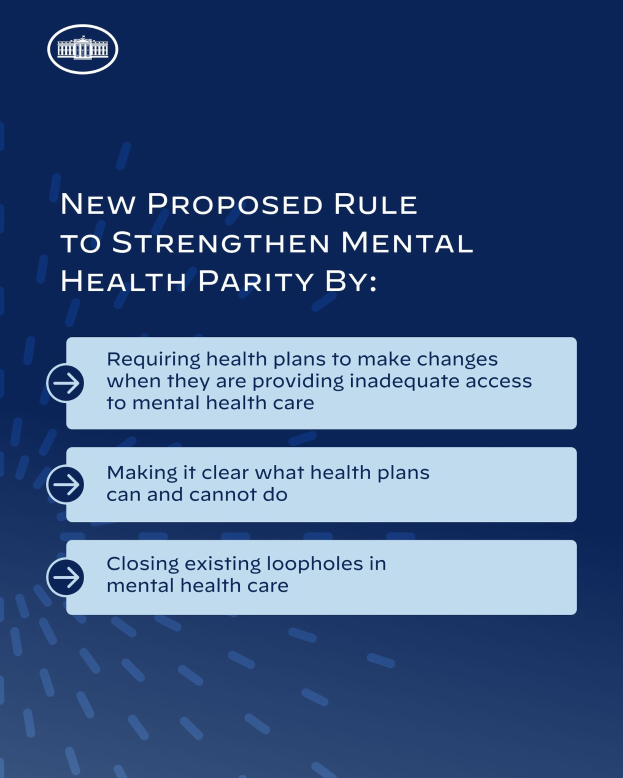 Blauer Hintergrund mit weißer Schrift und einem weißen Kreis-Logo, das einen neuen vorgeschlagenen Regel zur Stärkung der mentalen Gesundheit umrandet.