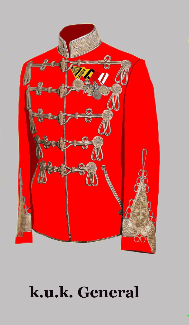 Rote Militärajacke mit goldener Stickerei, präsentiert mit Text unten.