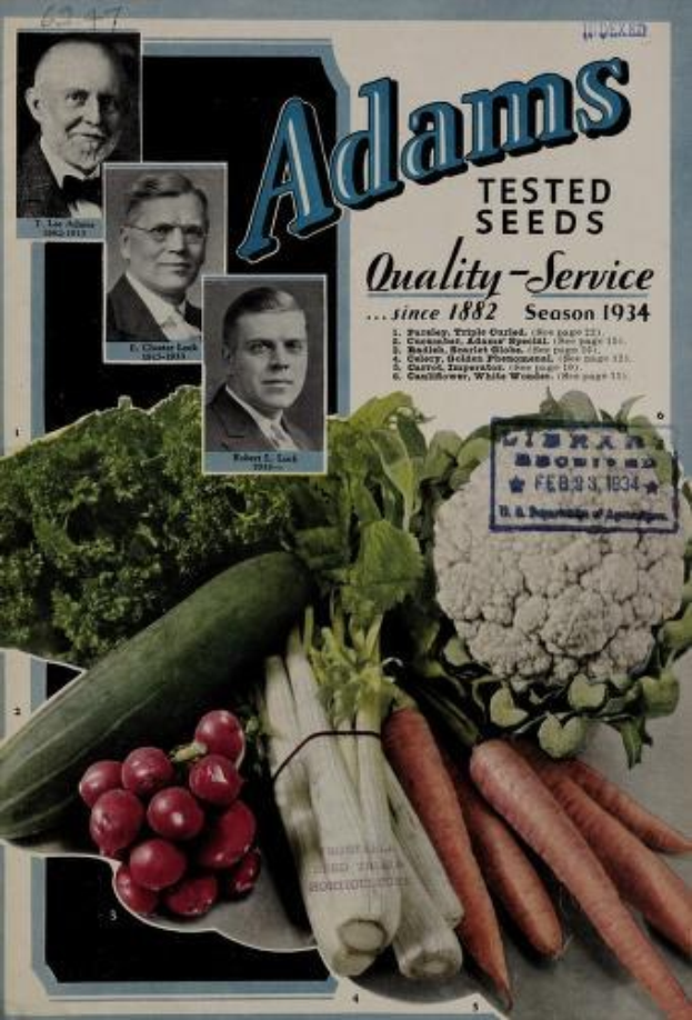 Plakat mit der ├ťberschrift "Adams Tested Seeds Quality Service" mit Bildern von Menschen und angeordneten Gemüsen, darunter Karotten, Sellerie und Zwiebeln.
