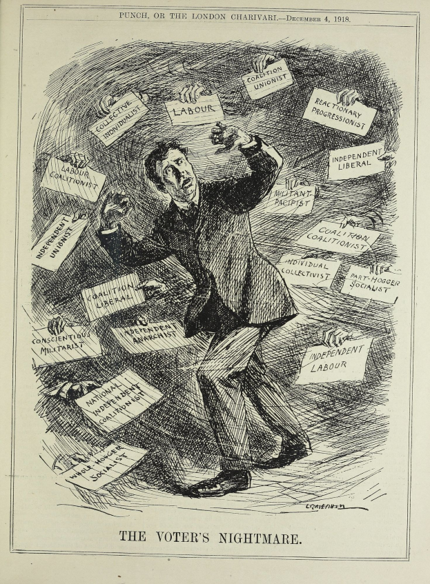 Eine Zeichnung eines Mannes in Anzug und Krawatte, der ein Schild hält, auf dem steht "The Voter's Nightmare" und einen entschlossenen Gesichtsausdruck hat.